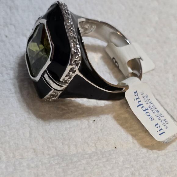 Lia Sophia‎ Vintage Green Crystal Black Enamel Silver tone Ring size 11 New! - Picture 2 of 7